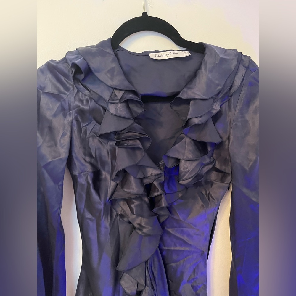 Christian Dior Blue Satin Evening blouse with Pleated Collar Sz XS